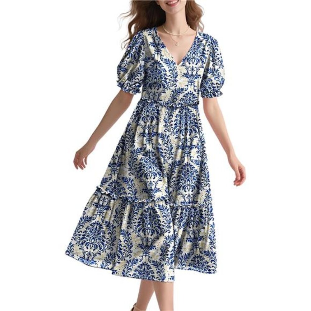 Summer Floral Midi Dresses for Women V Neck Puff Short Sleeve Frill Trim